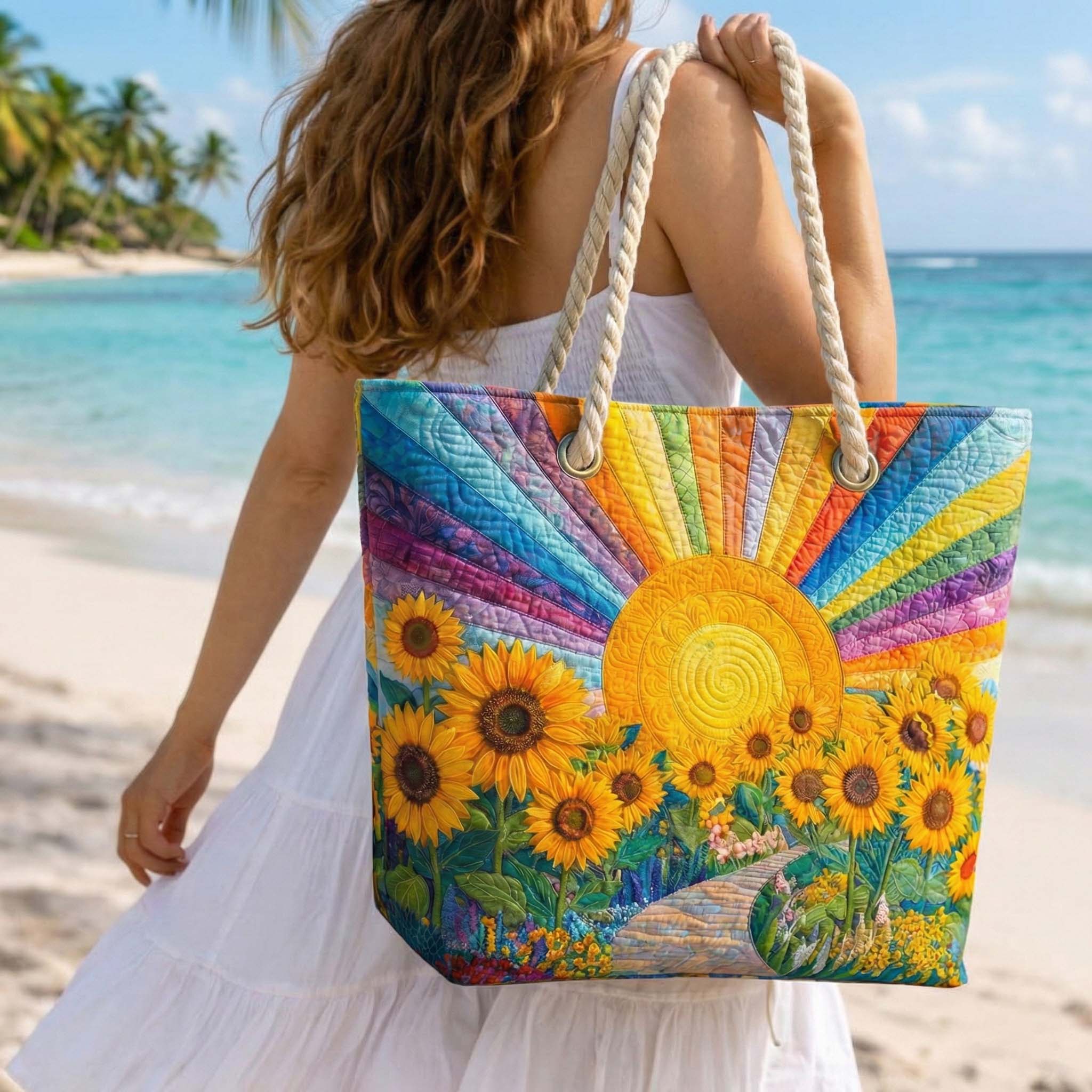 Quilted beach bag with the Rainbow Sun design, a large round sun with rays in bands of coral, marigold, turquoise and green, standing upright