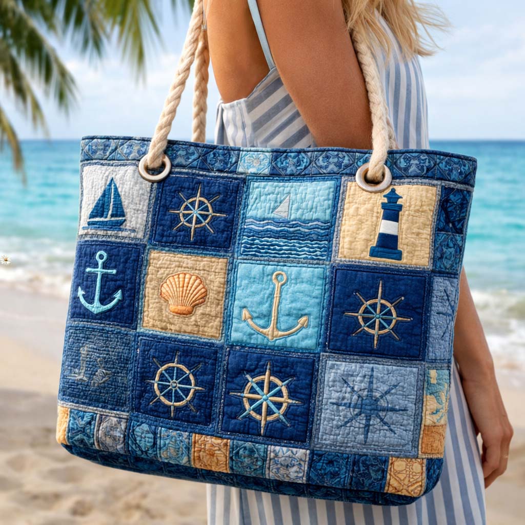 Quilted beach bag with the Nautical Blue design, anchors, rope and stripes in navy and white