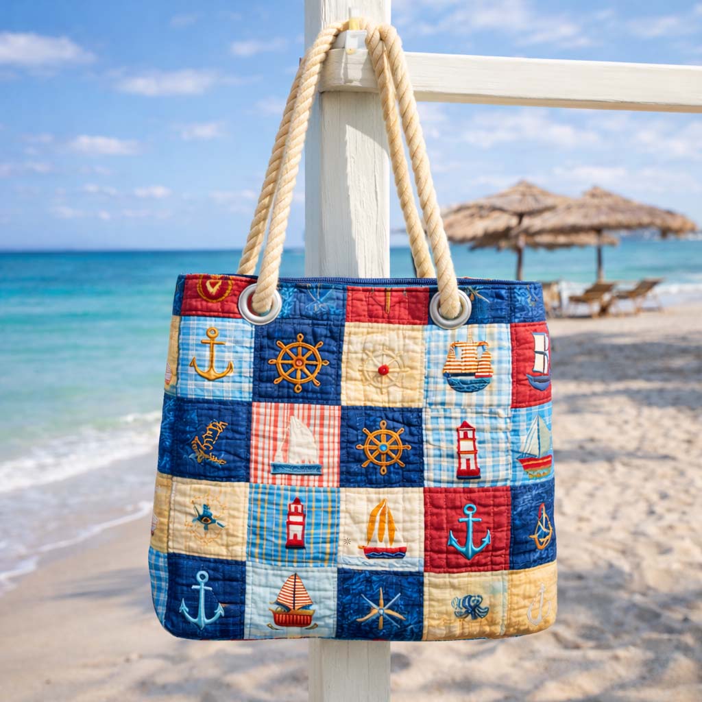 Quilted beach bag with the Marine Patchwork design, pieced squares of starfish, waves and shells, standing upright