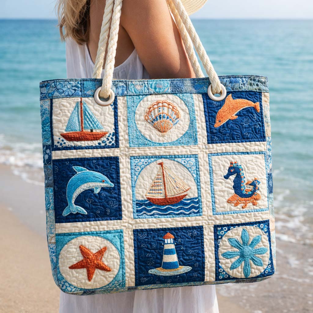 Quilted beach bag with the Marine Creatures design, crabs, starfish and seahorses on deep blue