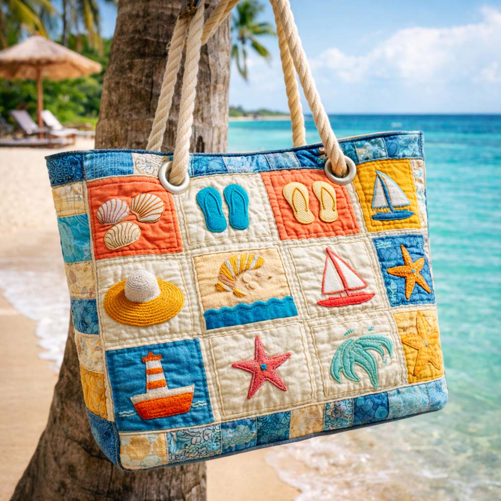 Quilted beach bag with the Summer Seaside design, striped deckchairs and small sailing boats along a bright shoreline