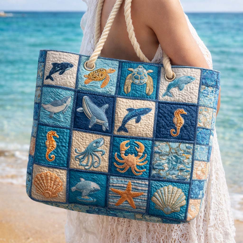 Quilted beach bag with the Marine Life design, fish, seahorses, starfish and seaweed in teal, coral and deep navy