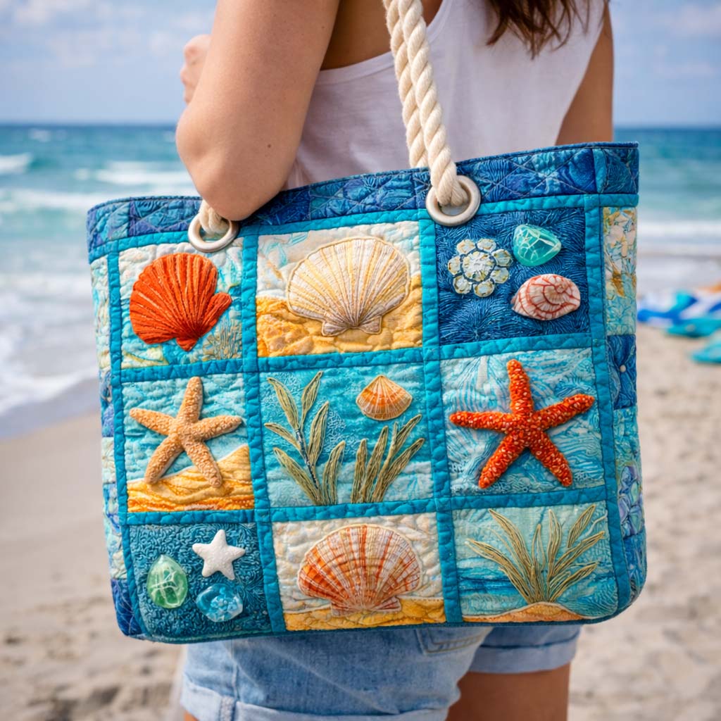 Quilted beach bag with the Coastal Shells design, scallop, cockle and razor shells scattered in sand, rope and soft sea-blue tones, standing upright with twin handles