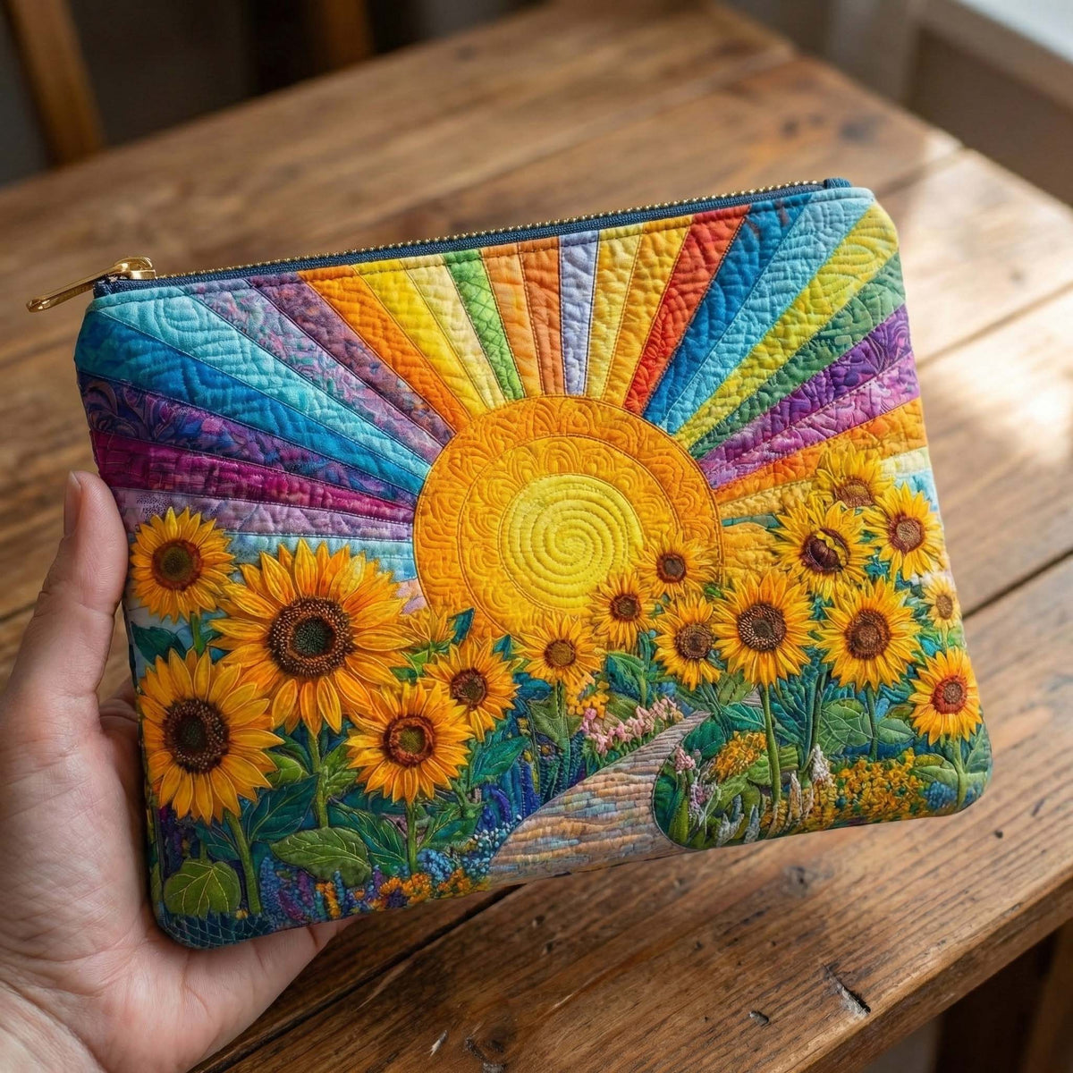 Rainbow Sunflower Sun quilted purse – sunflowers and rainbow sun
