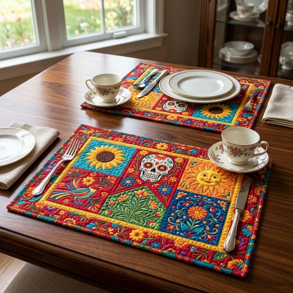Fiesta Patchwork quilted placemats – folk-art patchwork