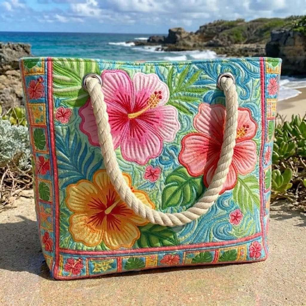 Woman carrying the Tropical Flower quilted beach bag along the shore