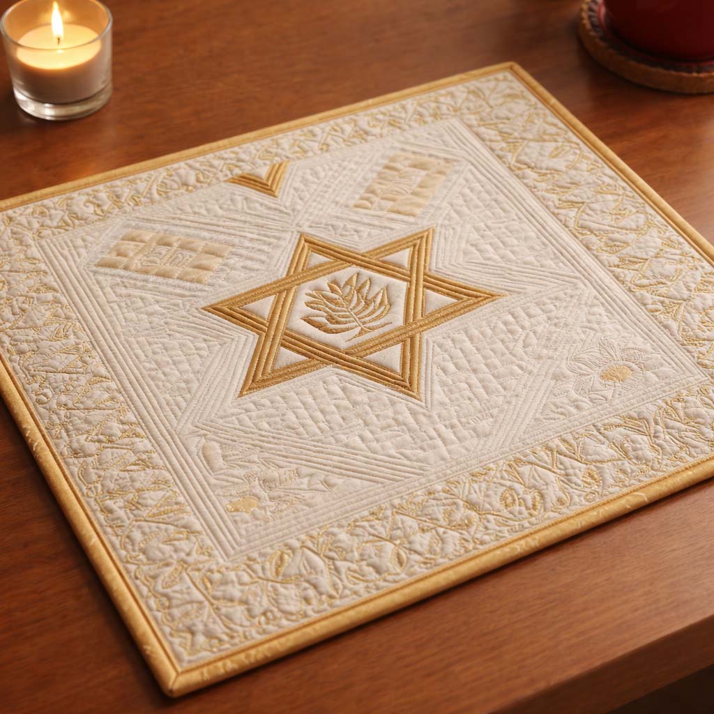 Golden Star of David quilted placemats – gold star on cream