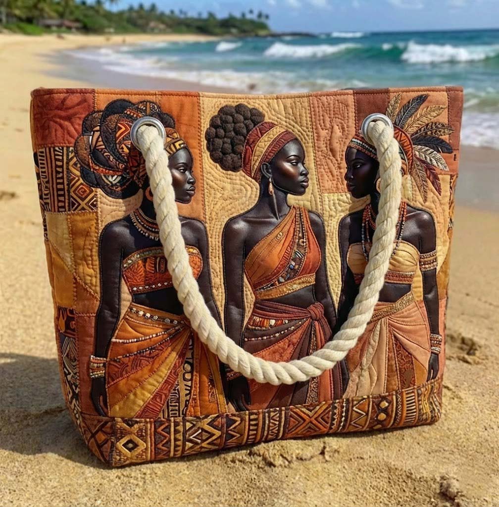 Quilted beach bag with the Golden Queens design, Black women in profile worked in warm gold