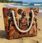 Quilted beach bag with the Golden Queens design, Black women in profile worked in warm gold