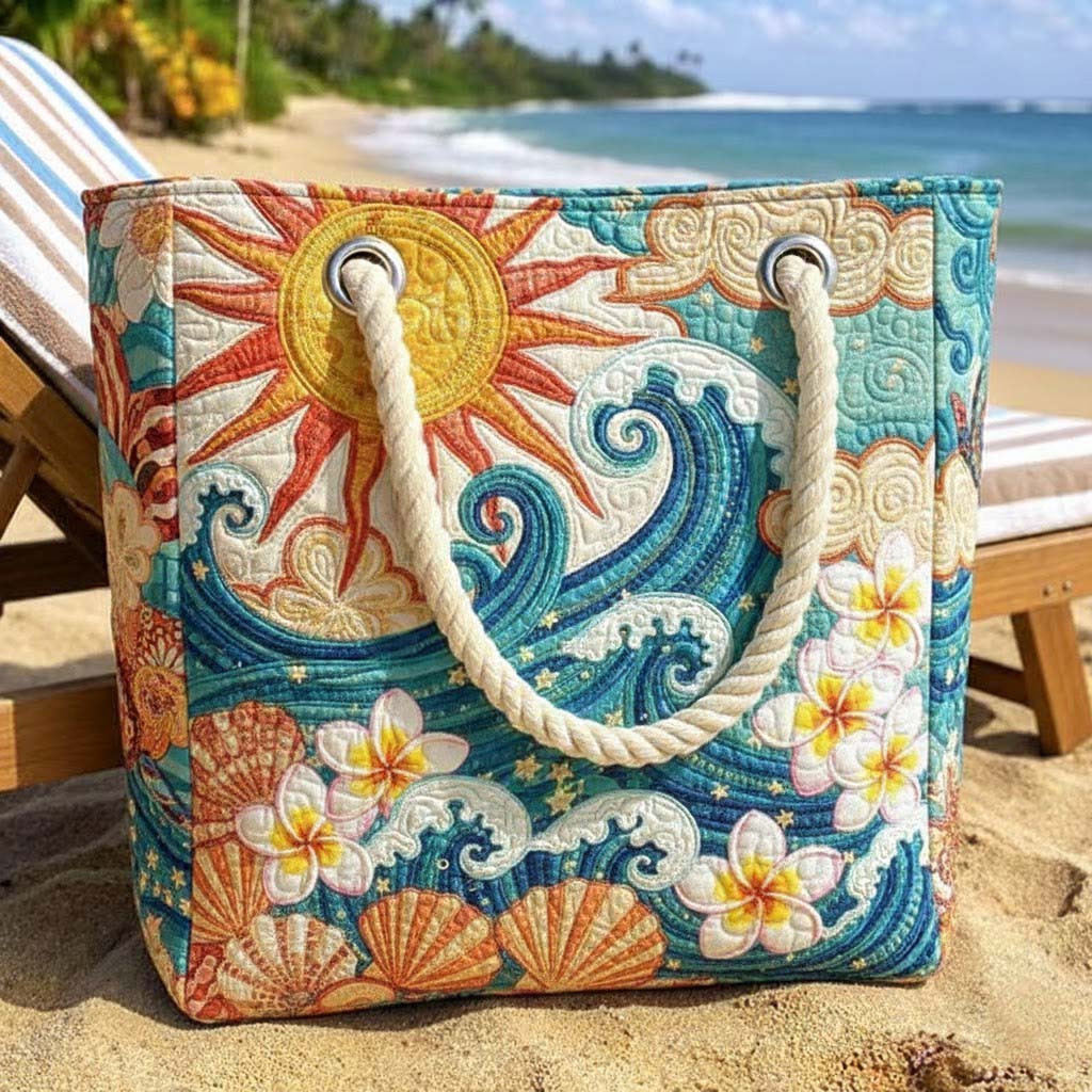 Quilted beach bag with the Warm Halo design, a low sun ringed in amber and rose above a calm sea