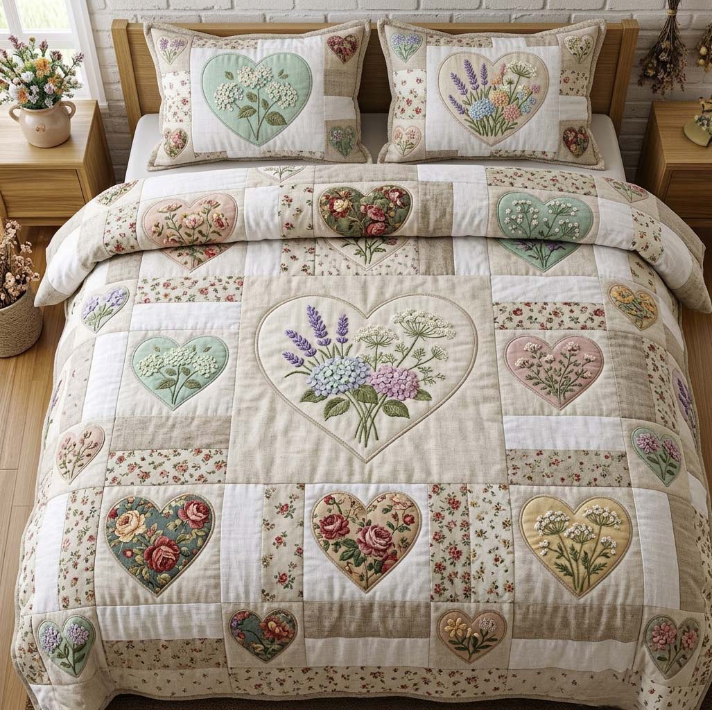 Quilted bedspread set with patchwork squares of different flowered blocks in rose and cornflower, the Flower Patchwork design
