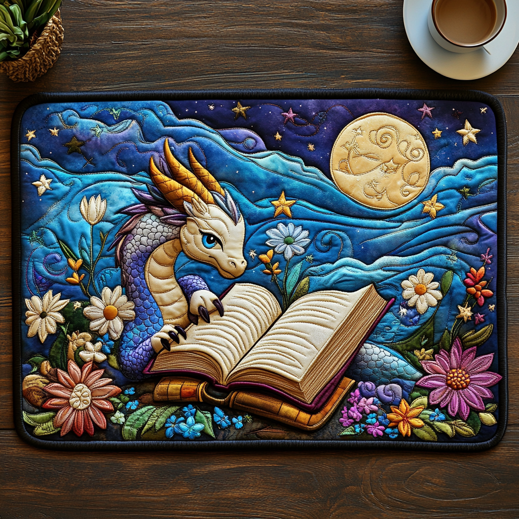 Moonlit Reading Dragon quilted placemats – dragon reading under the moon