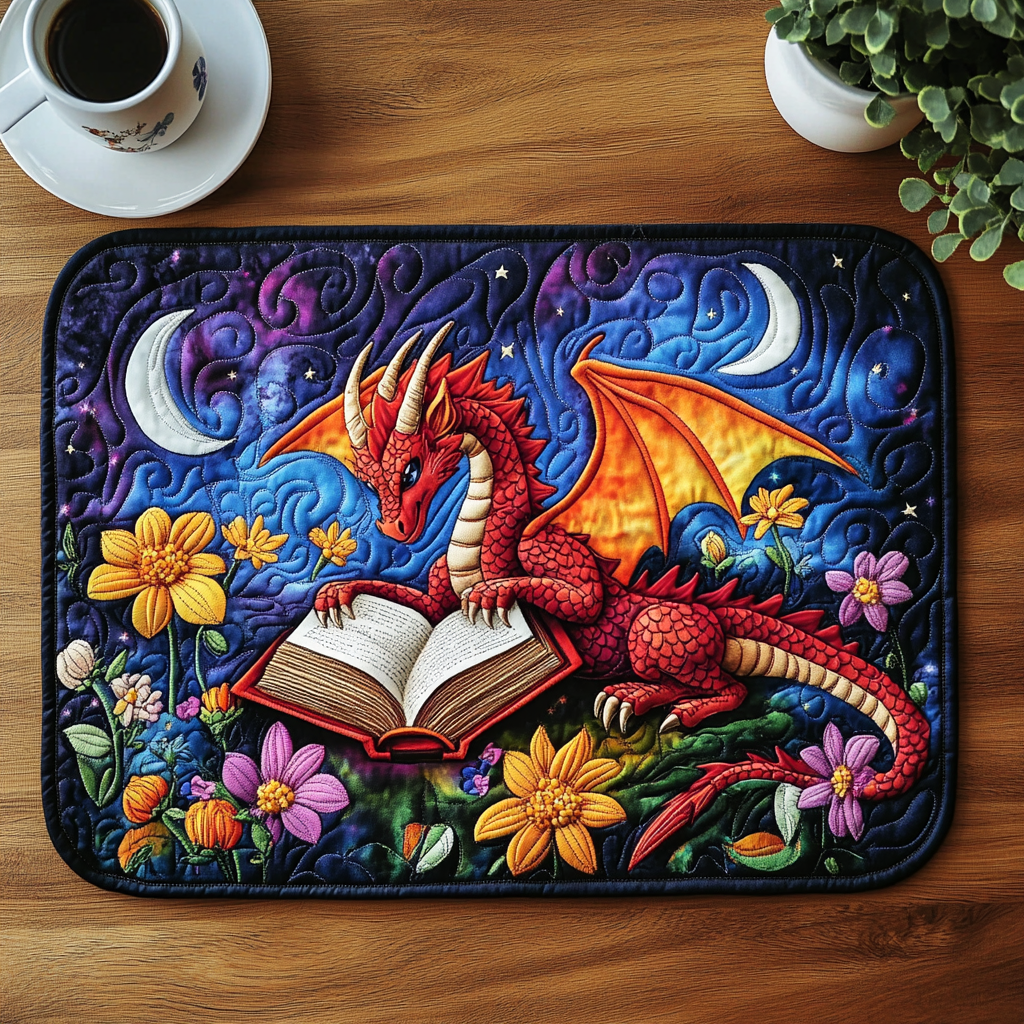 Red Dragon Reader quilted placemats – red dragon with an open book