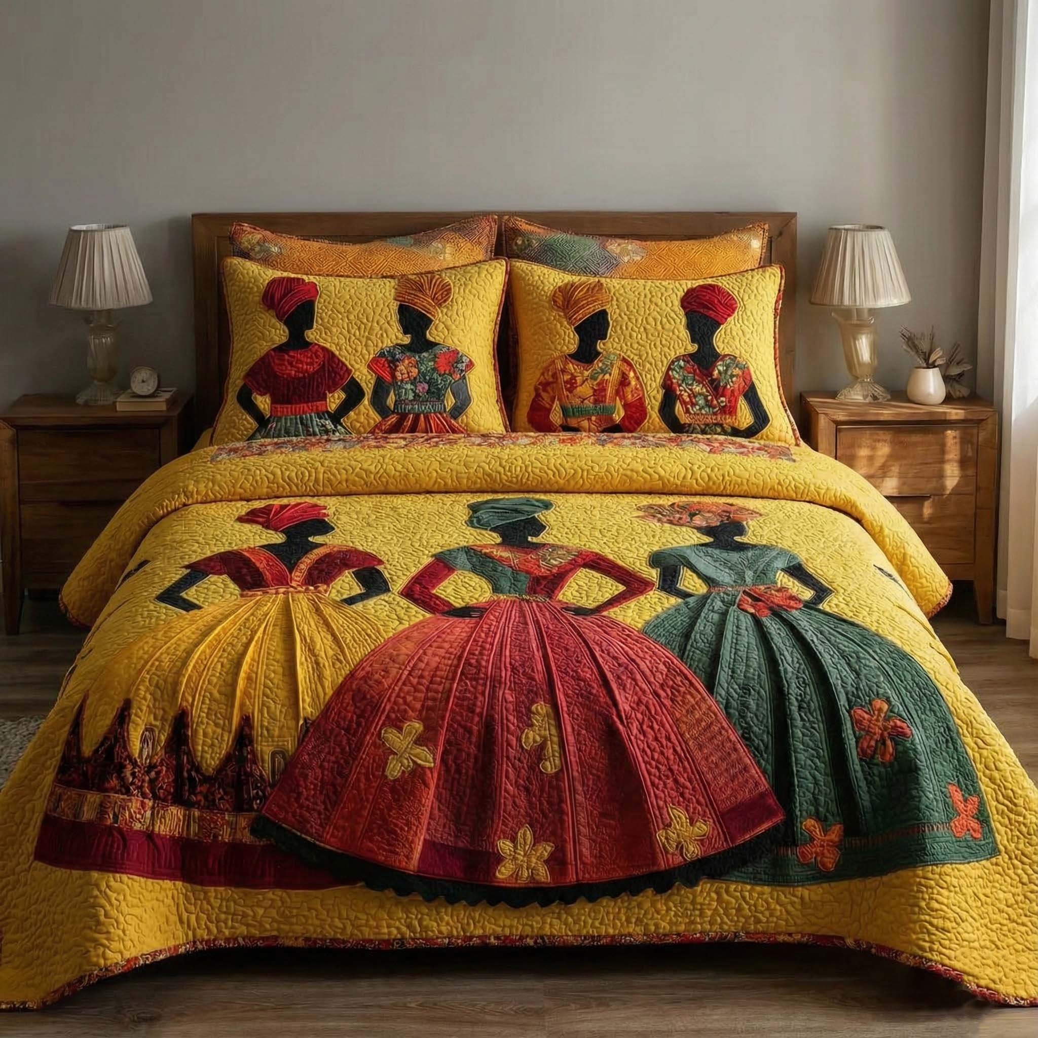The Soulbound Roots quilted bedspread set on a made bed