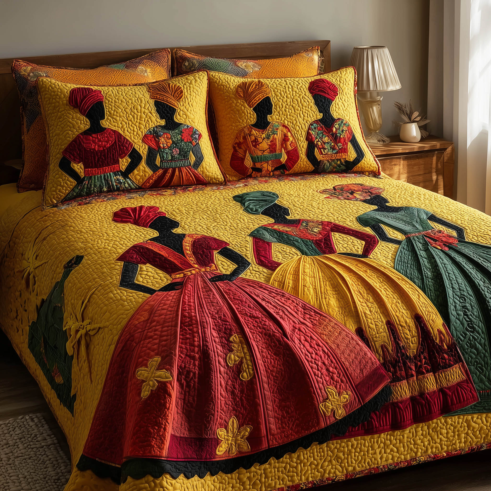 Quilted bedspread set with twining roots and rising branches in earth brown, moss and burnished gold, the Soulbound Roots design