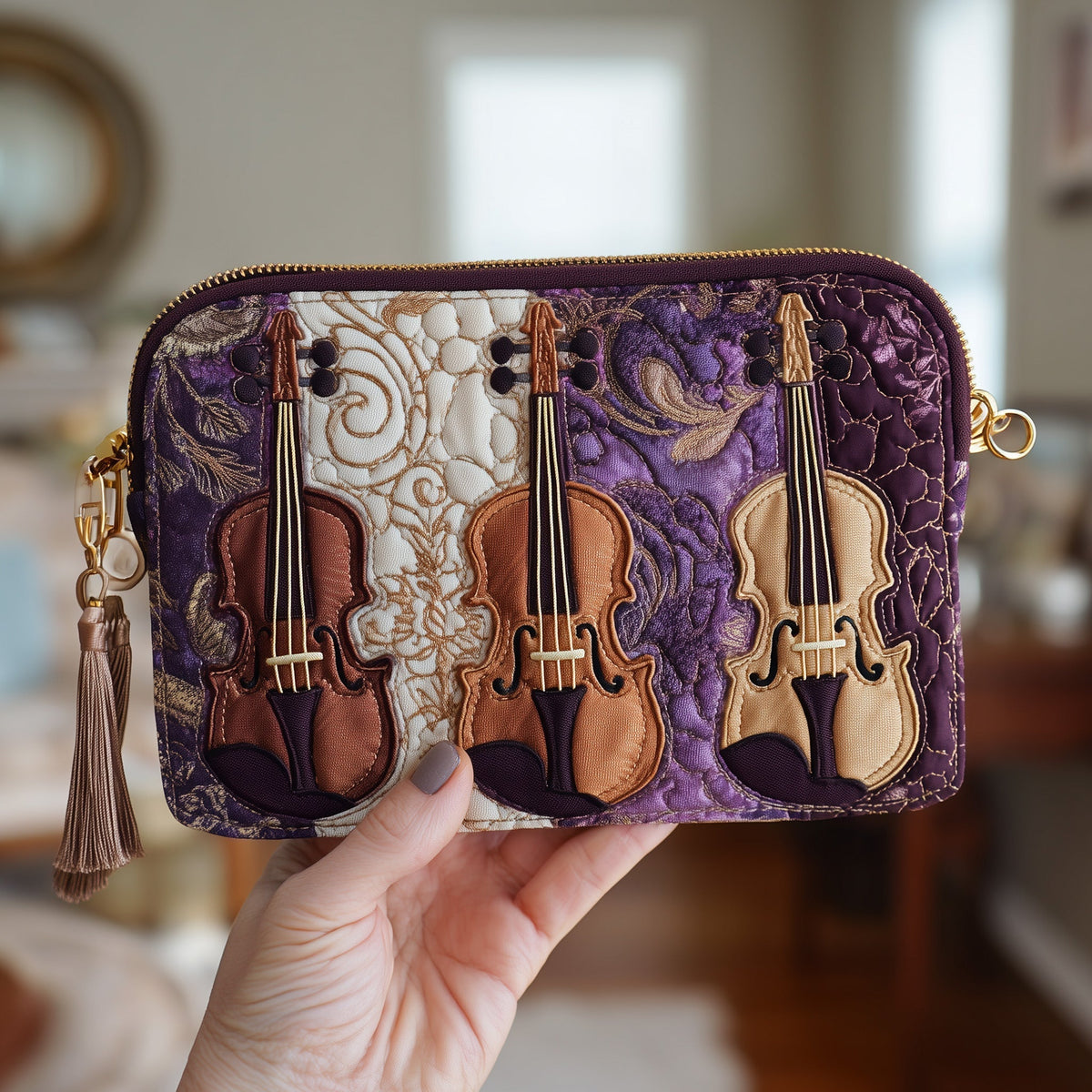 Violin Trio Swirl quilted purse – three violins on purple
