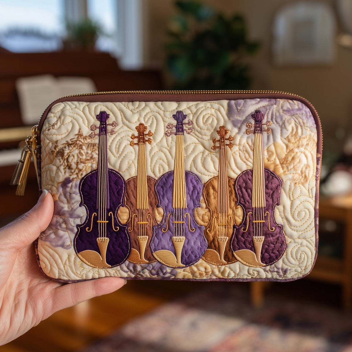 Violet Violin Quintet quilted purse – purple and gold violins