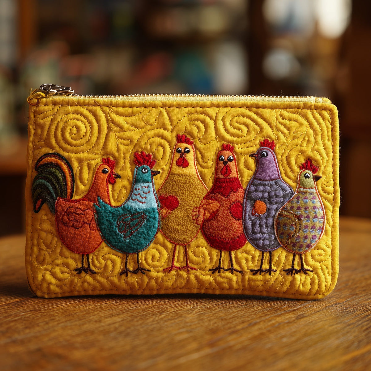Funky Chicken Line quilted purse – line of colourful hens