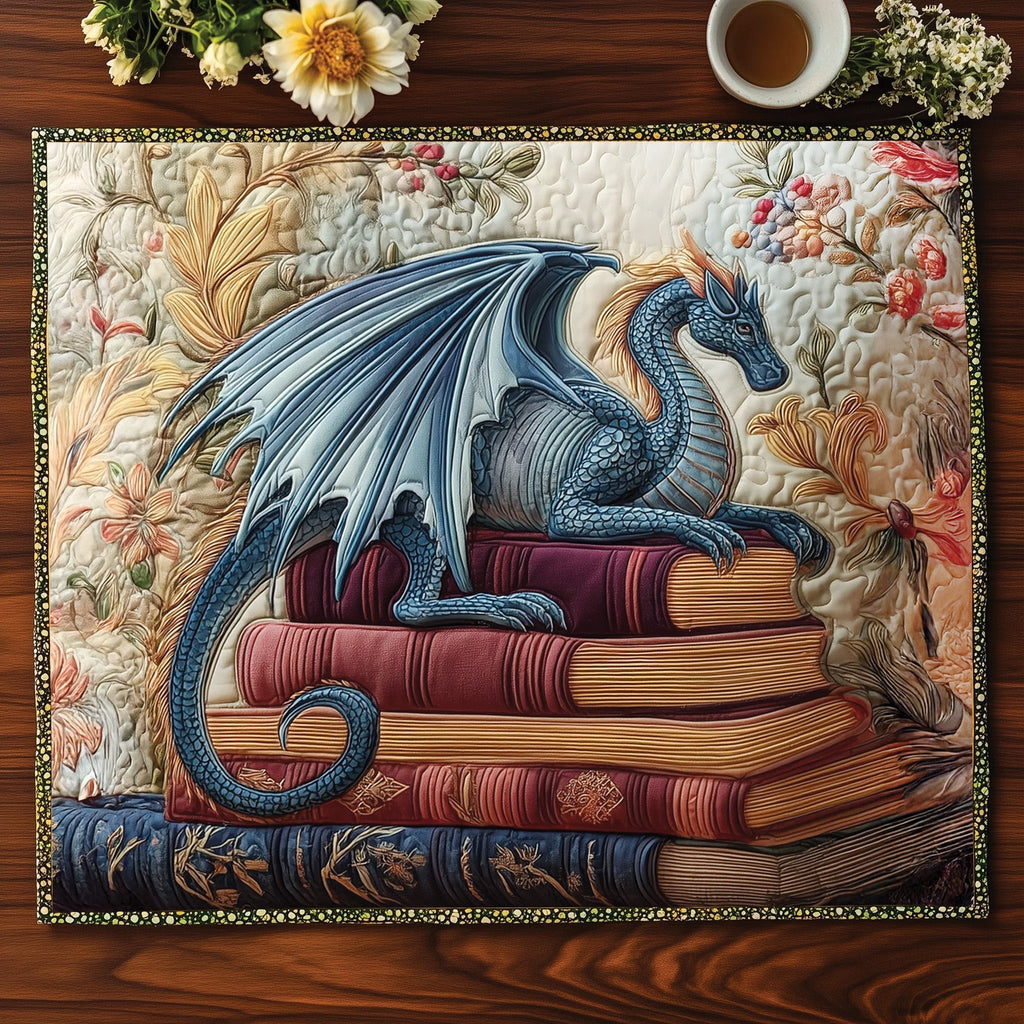 Dragon on Books quilted placemats – blue dragon on a stack of books