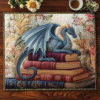 Dragon on Books quilted placemats – blue dragon on a stack of books