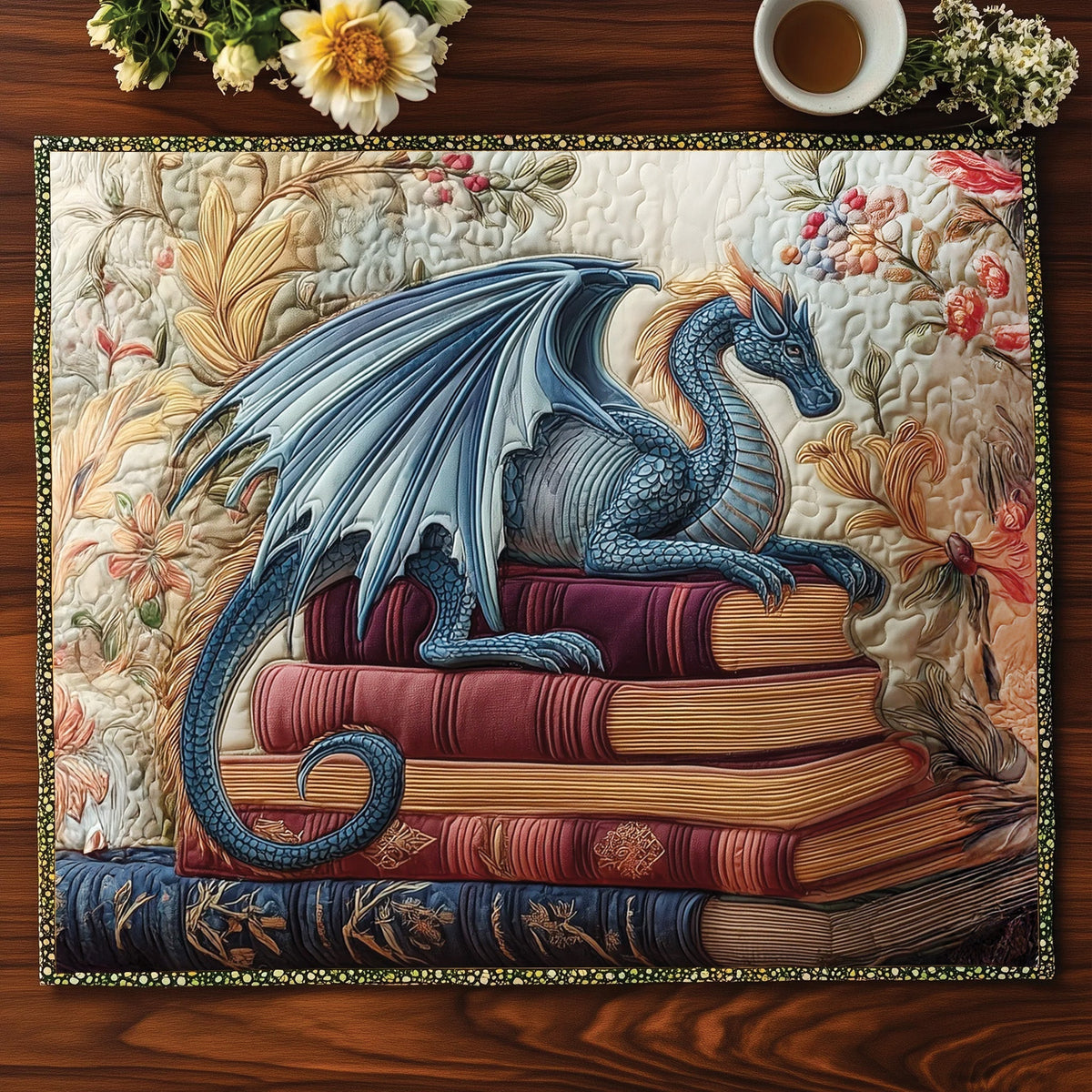 Dragon on Books quilted placemats – blue dragon on a stack of books