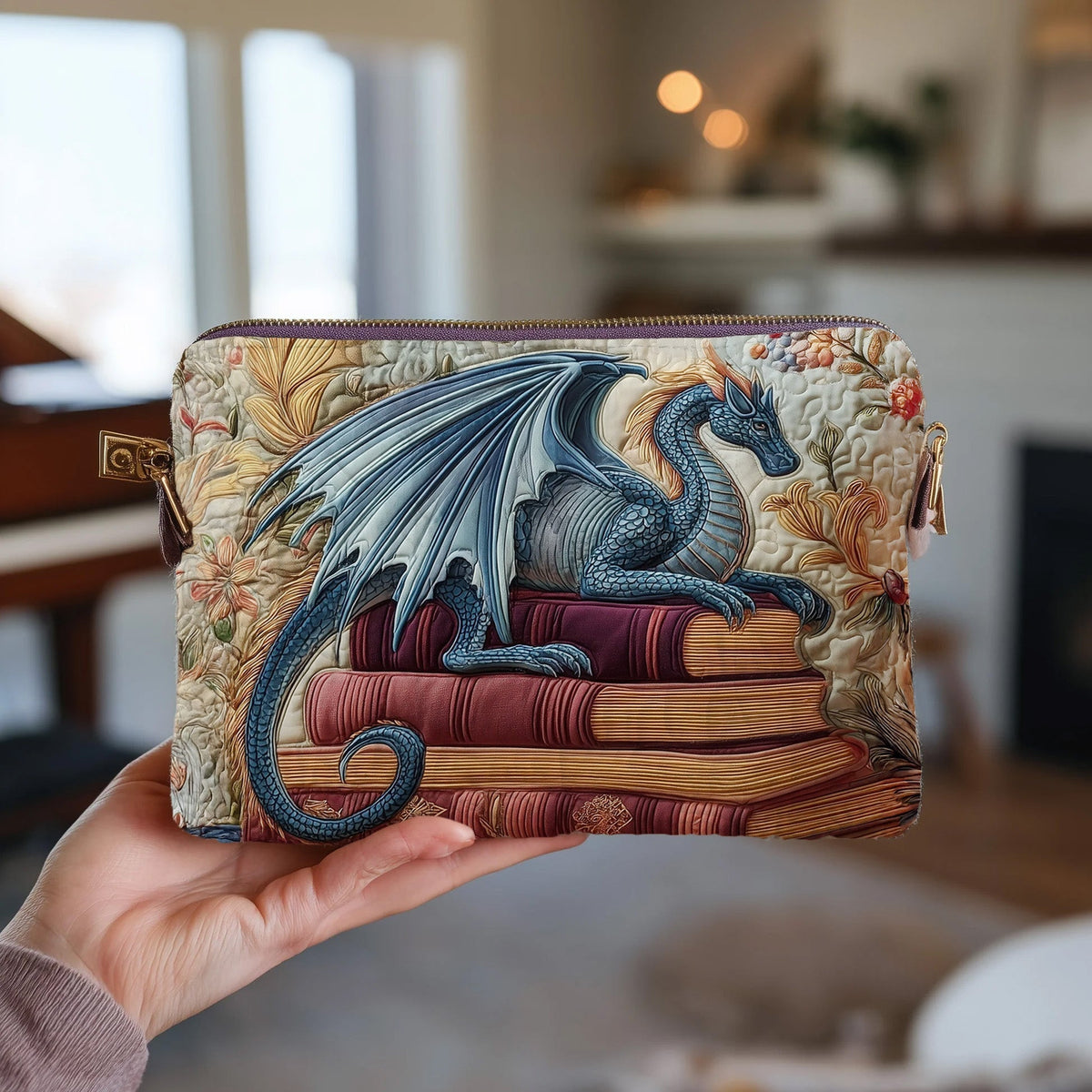 Dragon Book Stack quilted purse – dragon on a book stack