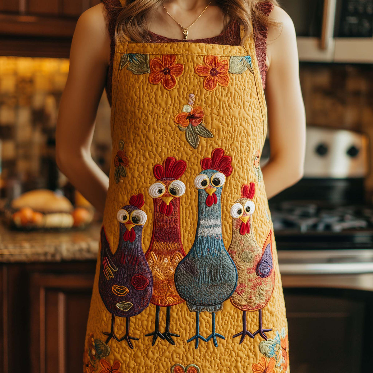 Googly Hen Gang quilted apron – googly-eyed hens