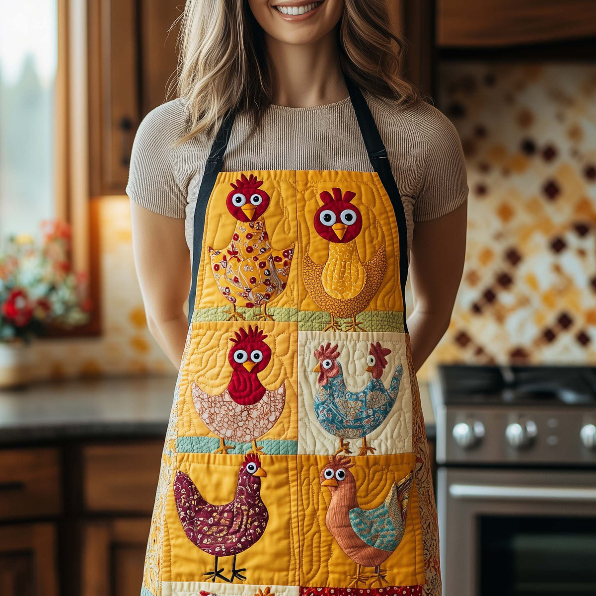 Cockerel Patchwork quilted apron – cockerels in patchwork