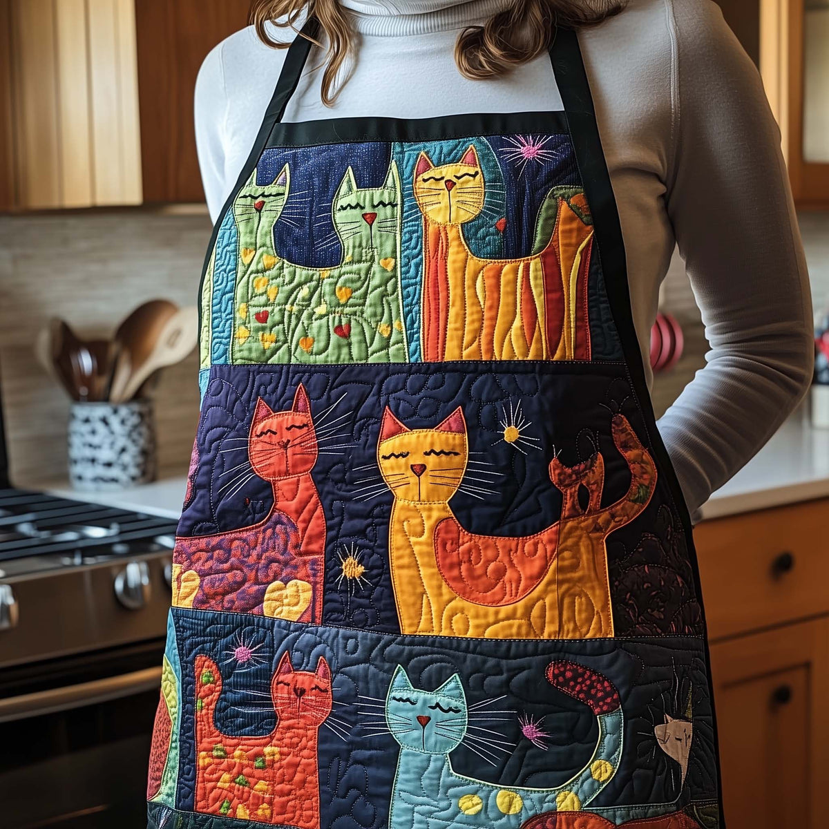 Cat Block Party quilted apron – cats in patchwork blocks