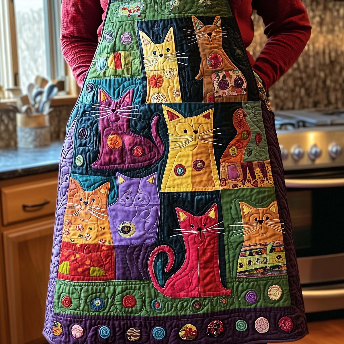 Button Border Cats quilted apron – cats with button border