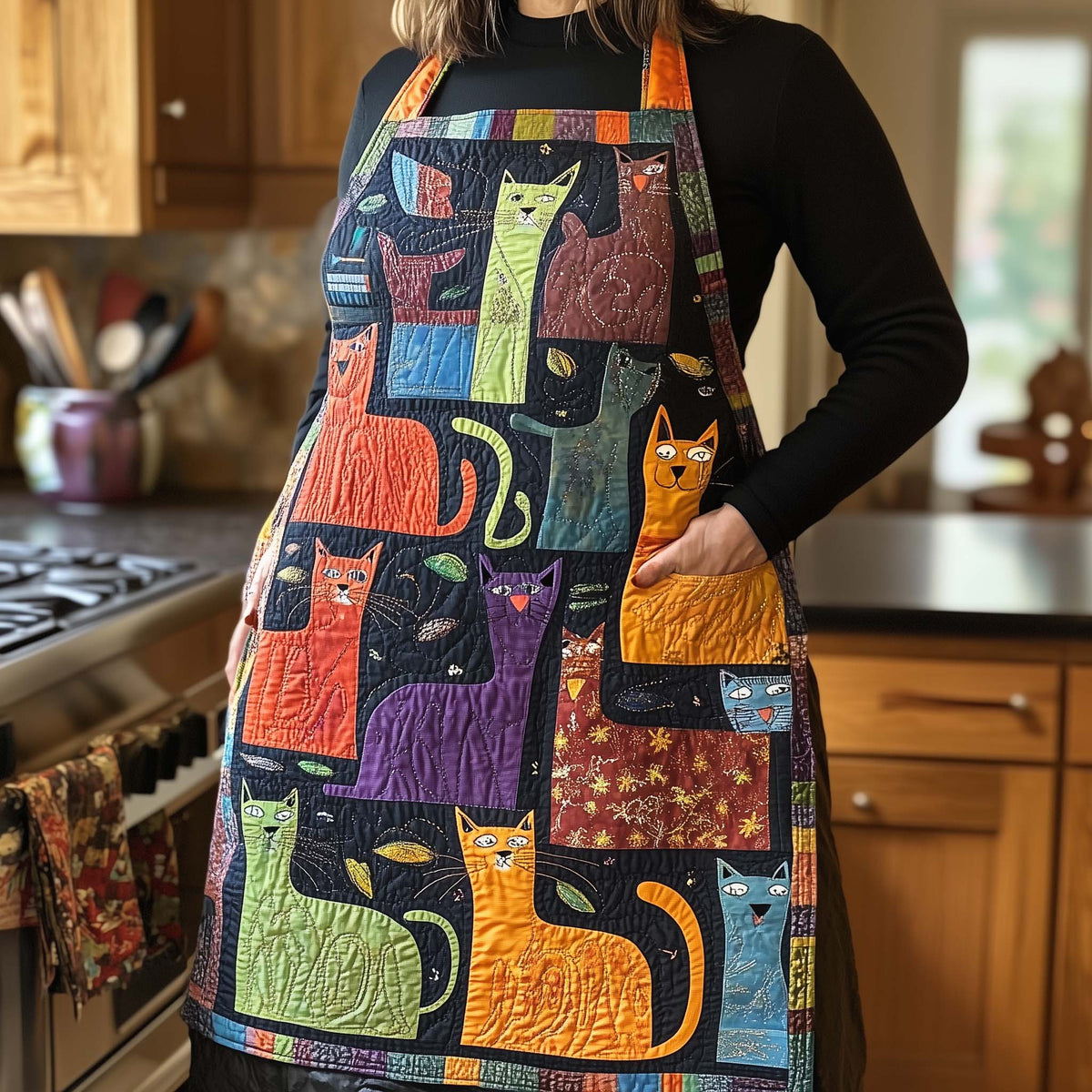 Cat Window Panels quilted apron – cats in panels