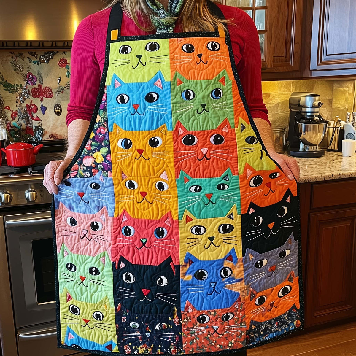 Cat Rainbow Grid quilted apron – rainbow cat grid