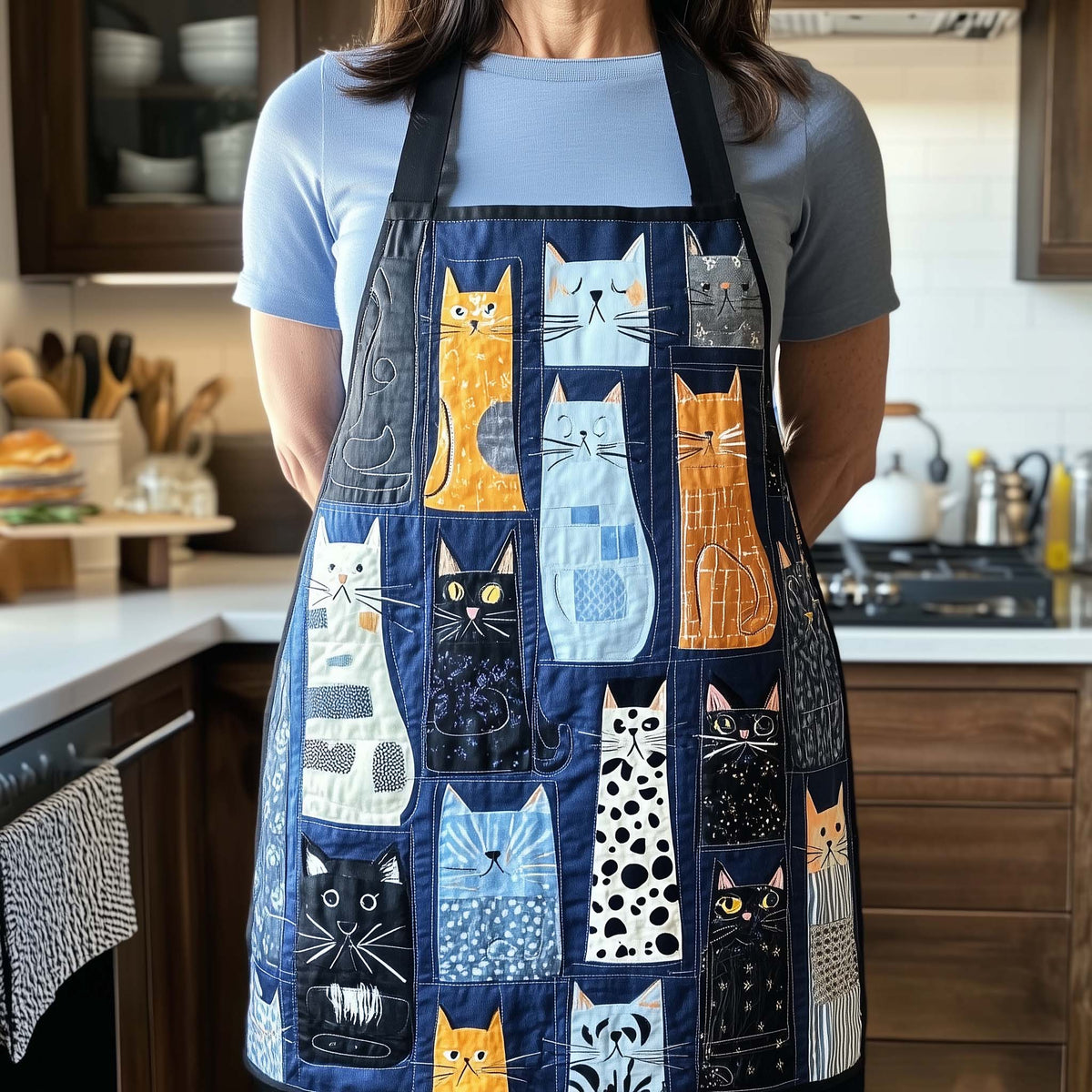 Denim Cat Patchwork quilted apron – cats on denim
