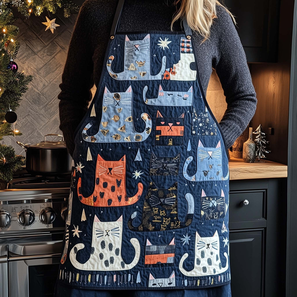 Starry Denim Cats quilted apron – cats with stars
