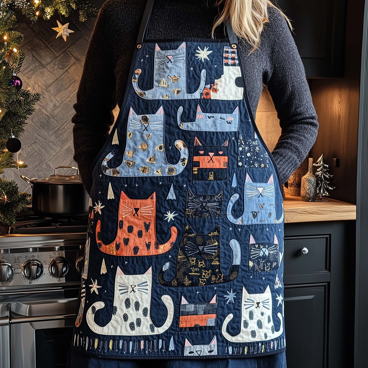 Starry Denim Cats quilted apron – cats with stars