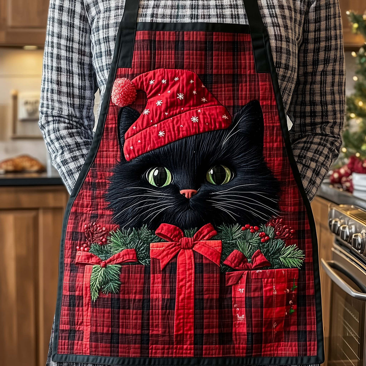 Bow Cat Tartan quilted apron – christmas cat with bow