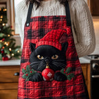 Holly Cat Tartan quilted apron – cat with holly