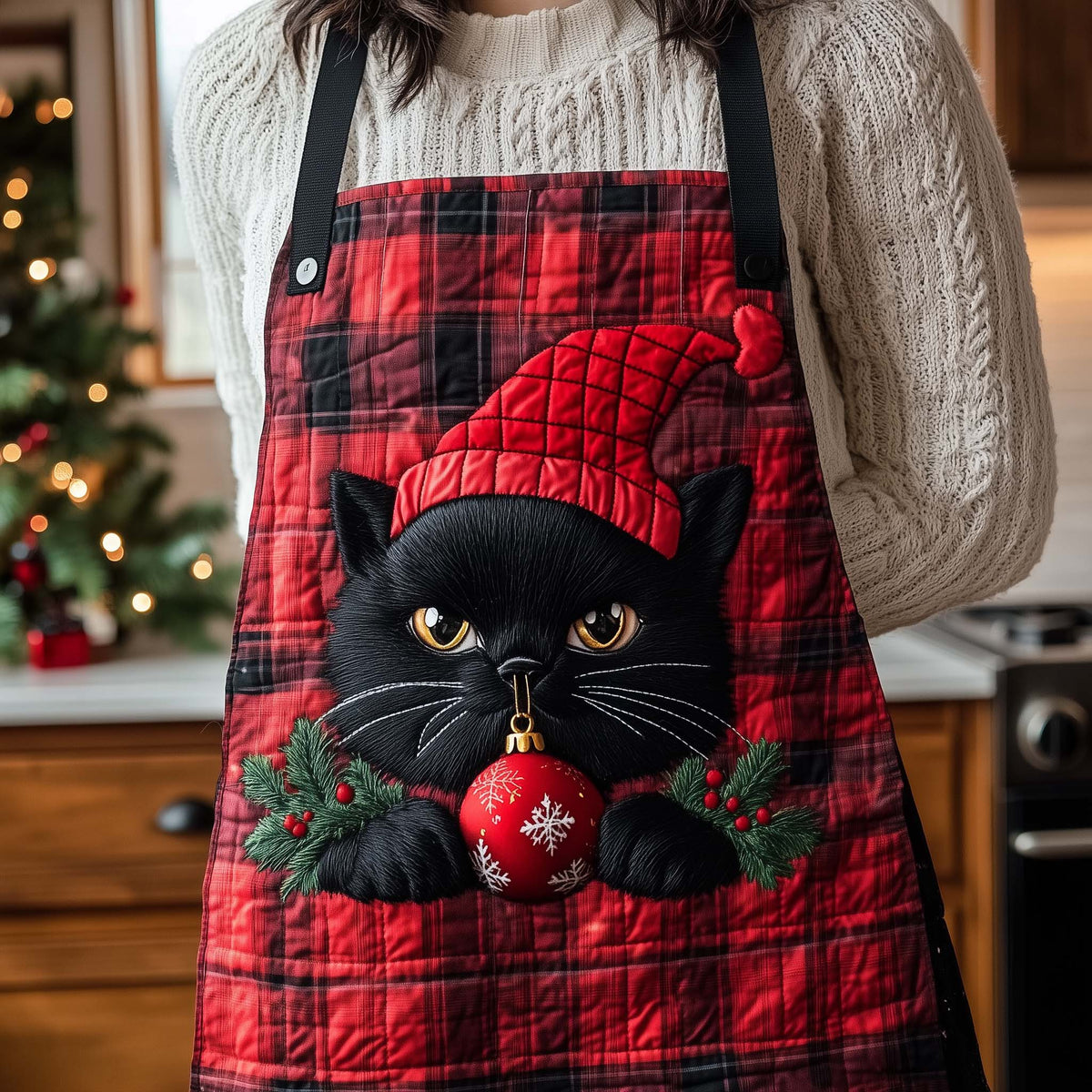 Holly Cat Tartan quilted apron – cat with holly