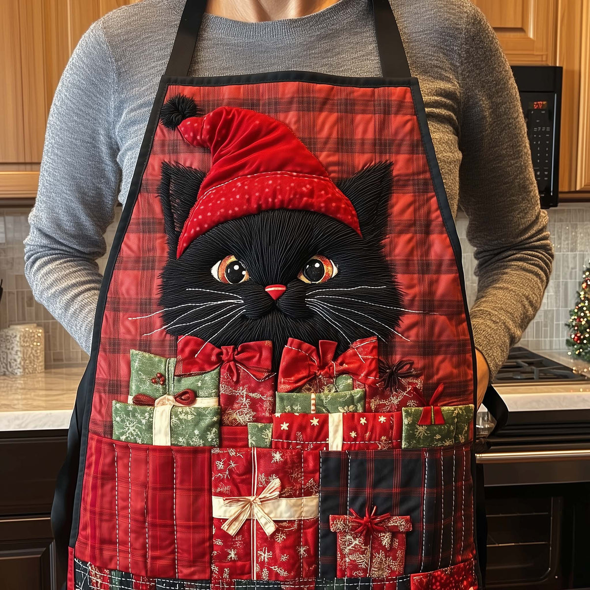 Gift Box Cat quilted apron – cat among presents