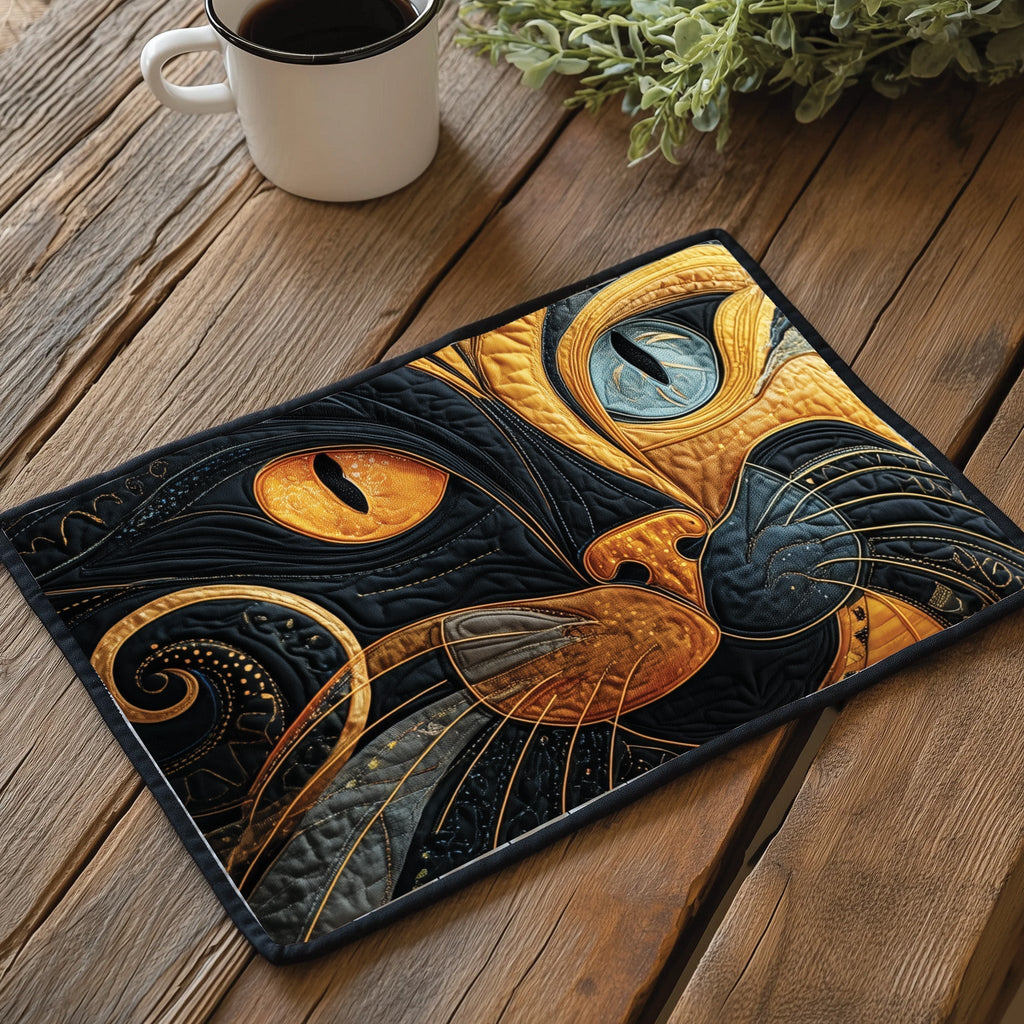 Catitude quilted placemats – black cat with amber eyes