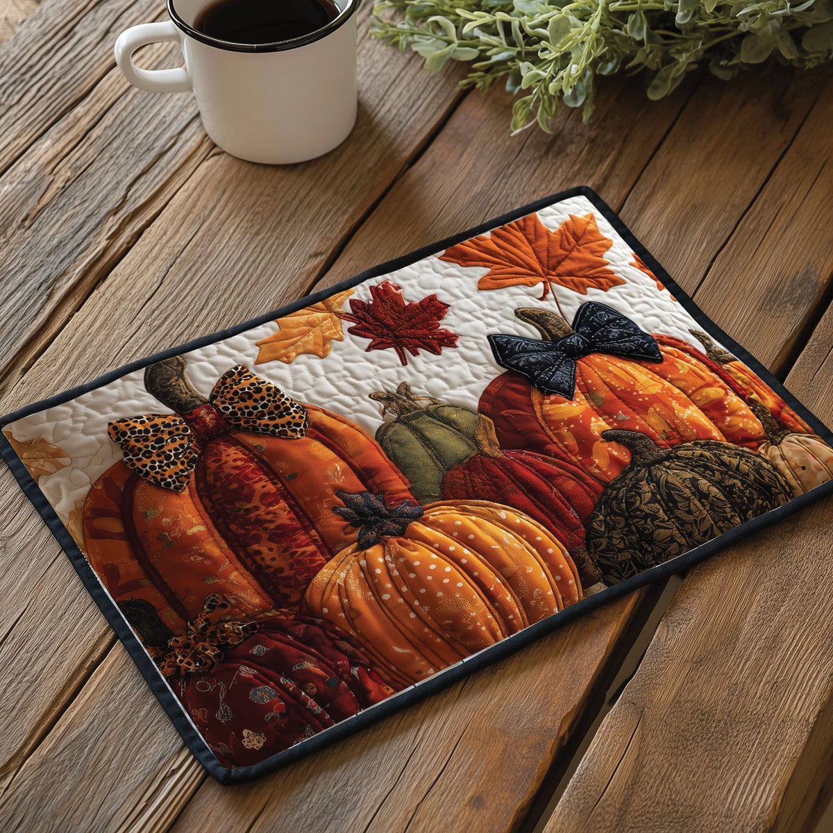 Pumpkin Patch quilted placemats – row of pumpkins