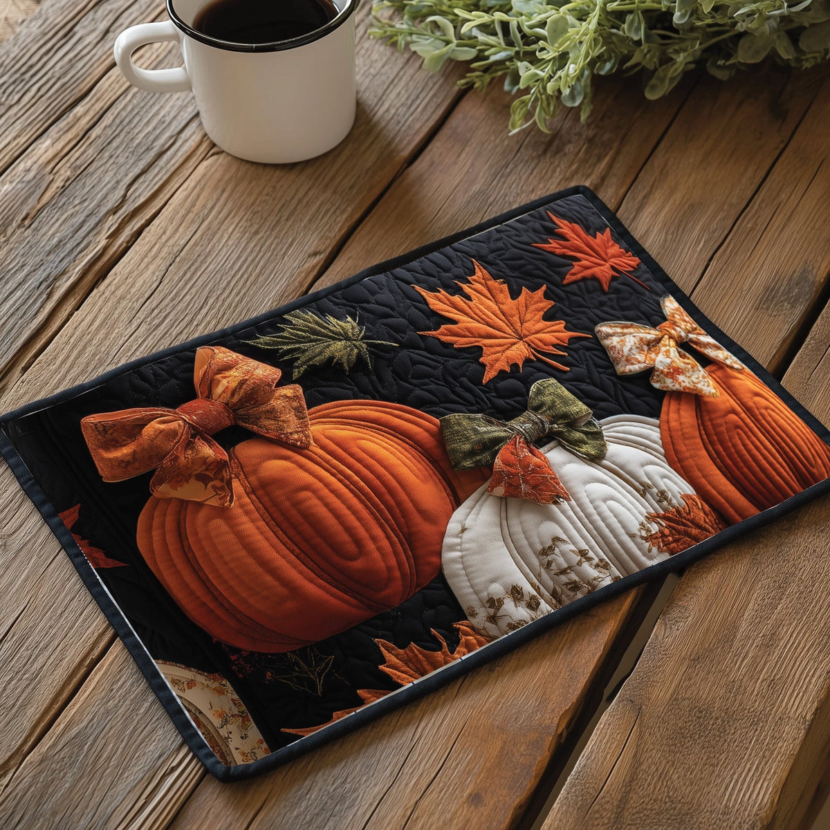 Rustic Pumpkin Charm quilted placemats – pumpkins with bows