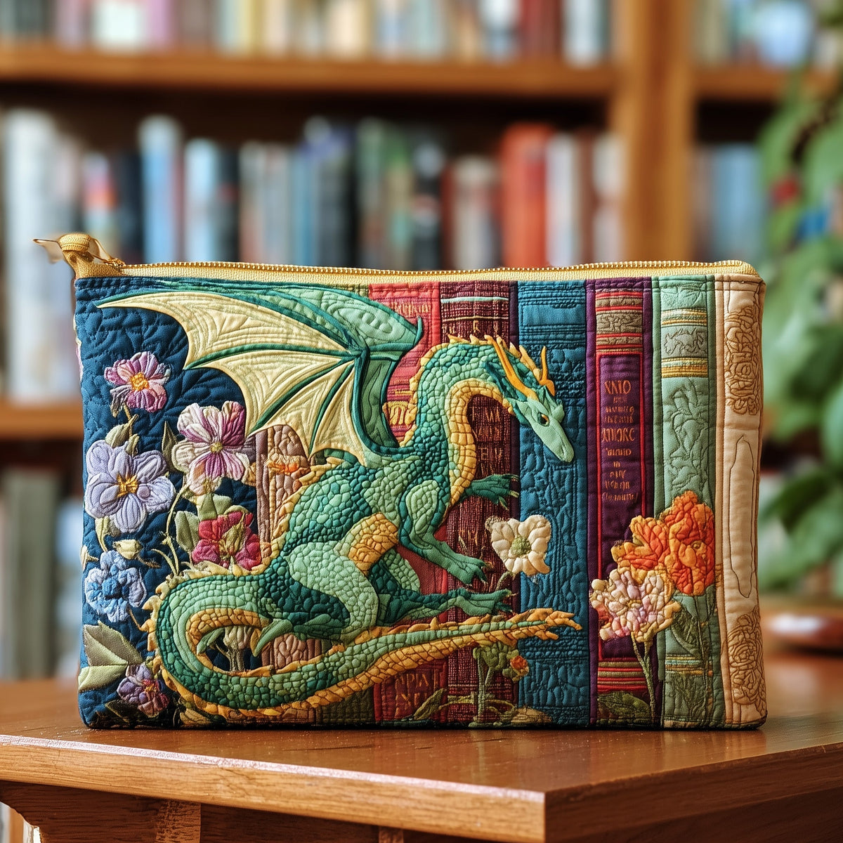 Emerald Dragon Garden quilted purse – green dragon with flowers