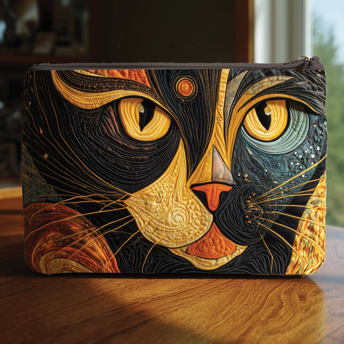 Golden Eye Cat quilted purse – black cat with golden eyes