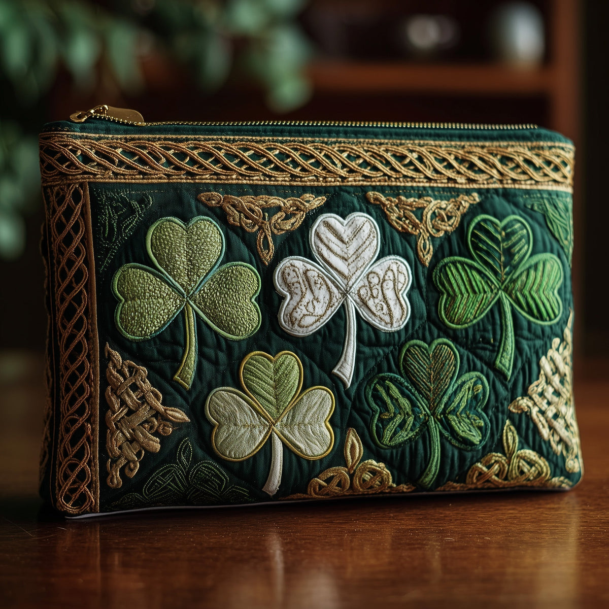 Golden Braid Shamrocks quilted purse – shamrocks with golden braid
