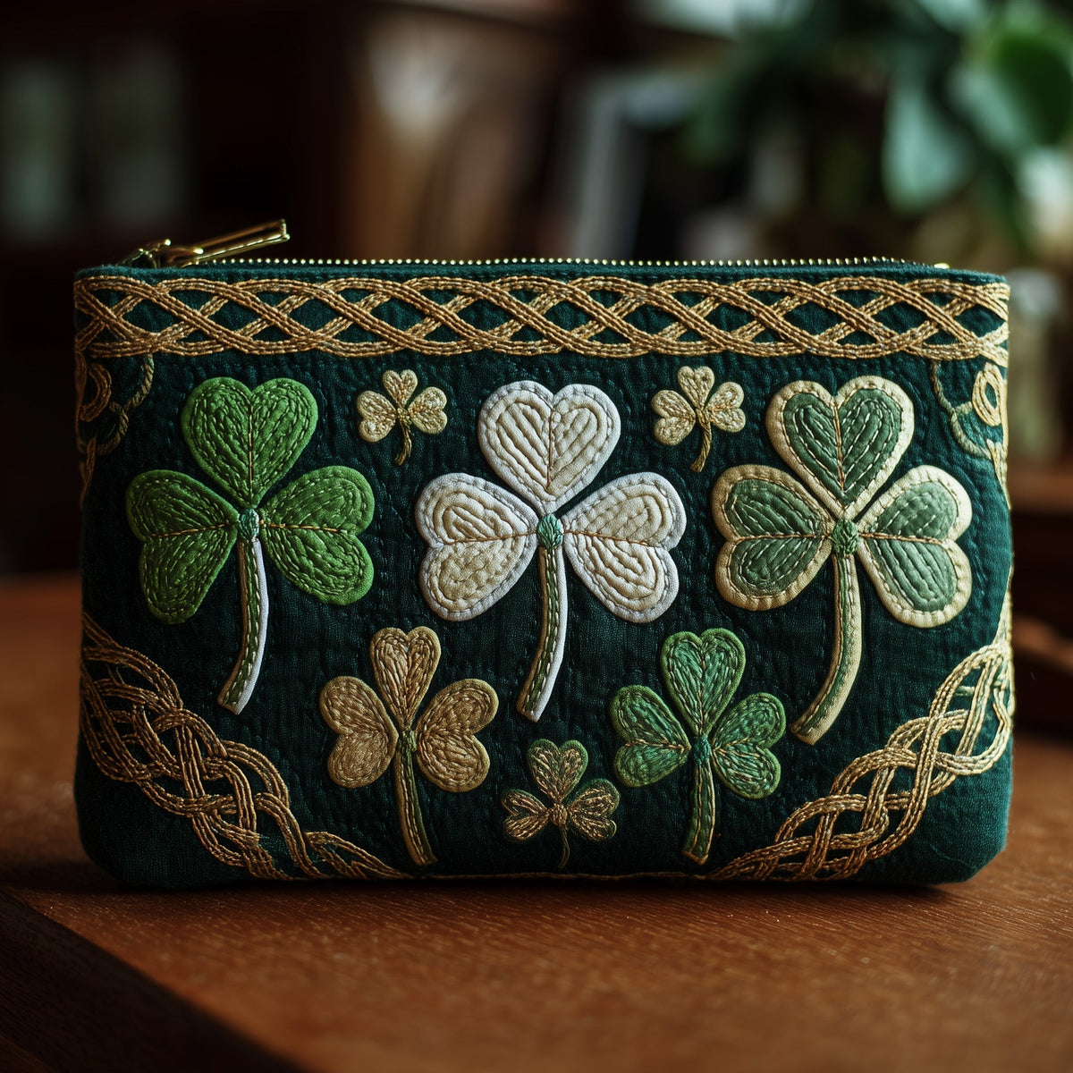 Forest Green Shamrocks quilted purse – shamrocks on forest green
