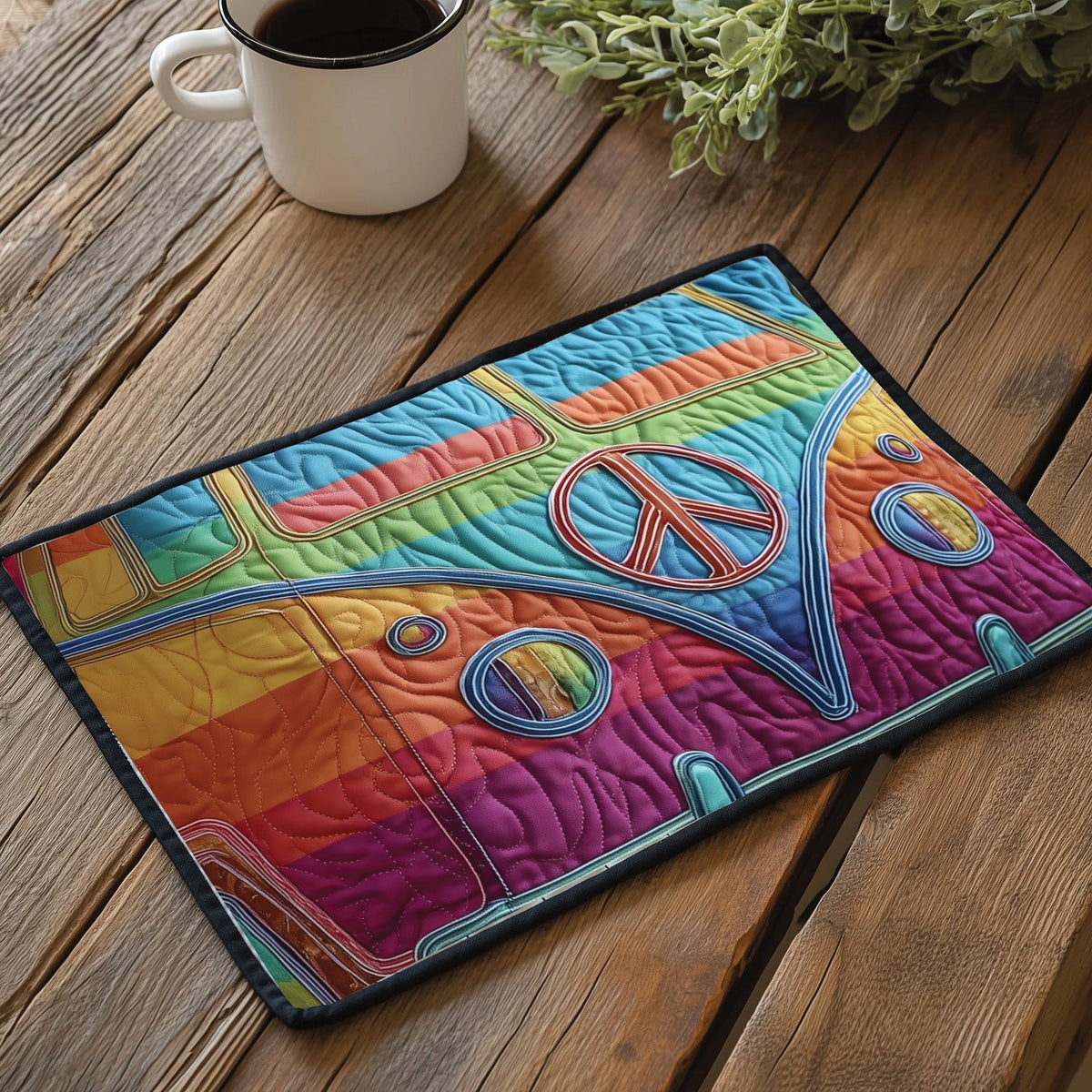 Peace Van quilted placemats – retro rainbow van