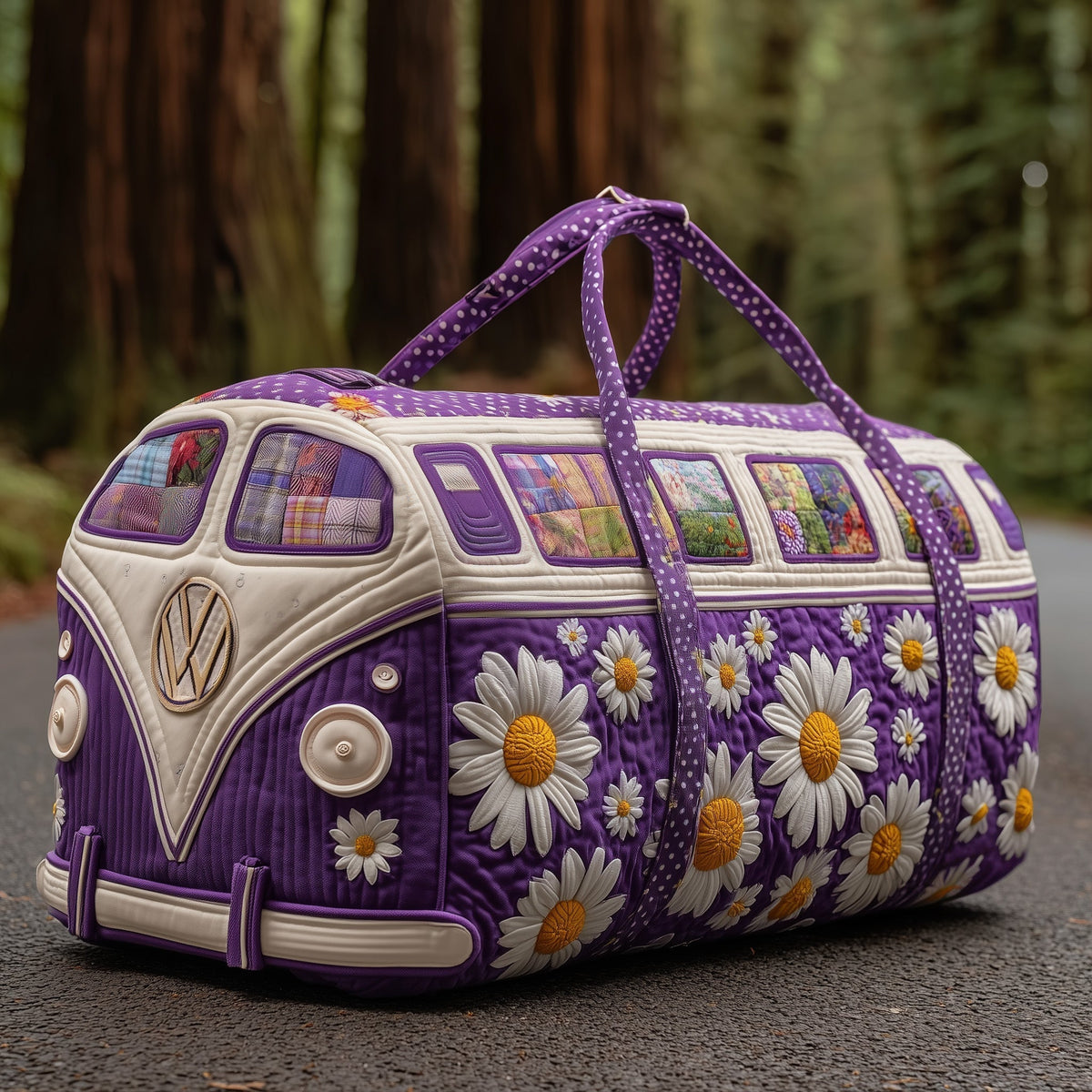Lilac Daisy Van quilted weekend bag – purple daisy van