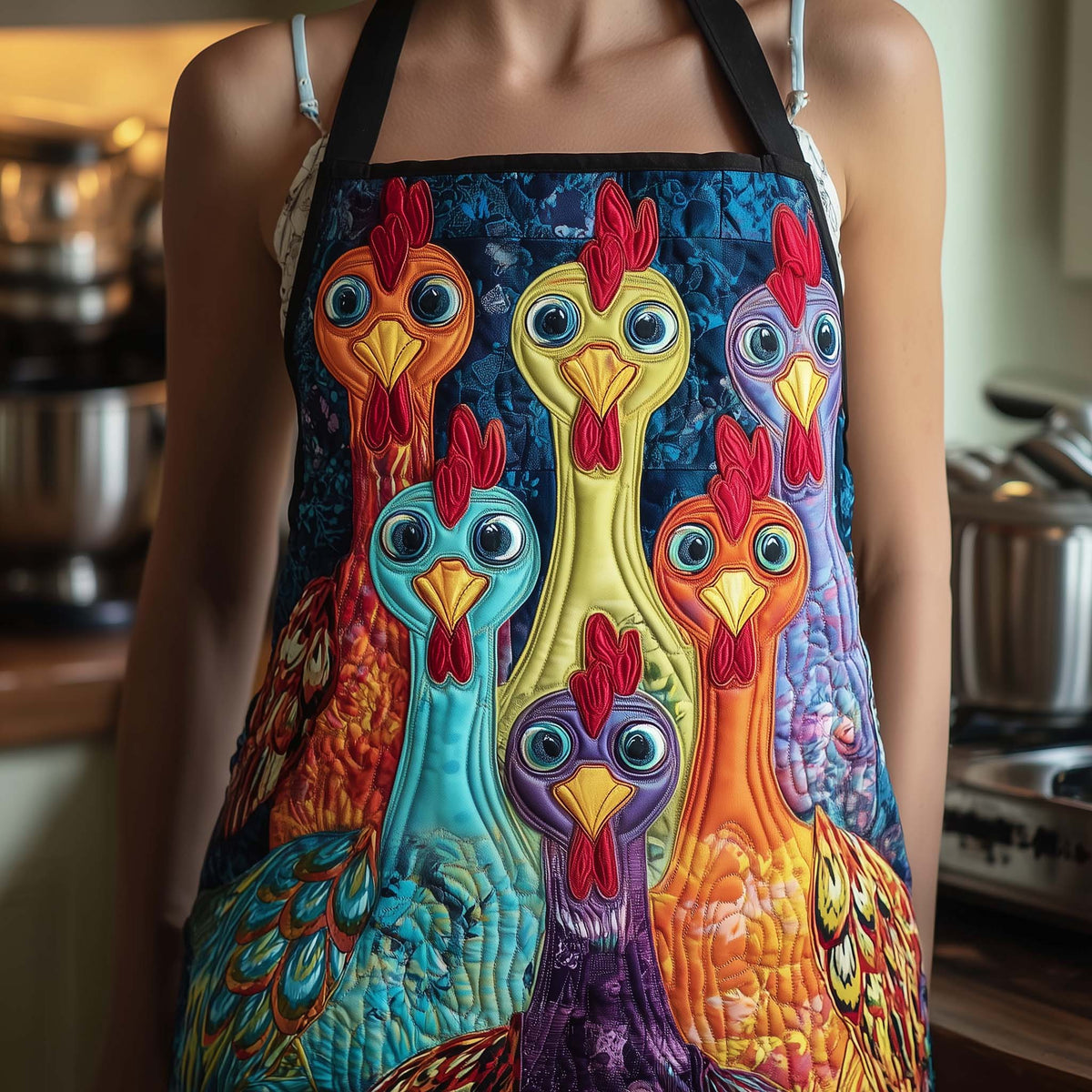 Midnight Hens quilted apron – hens on navy