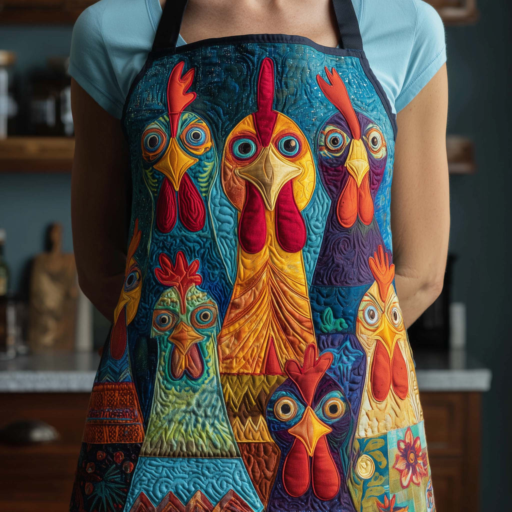 Rooster Rally quilted apron – roosters on navy